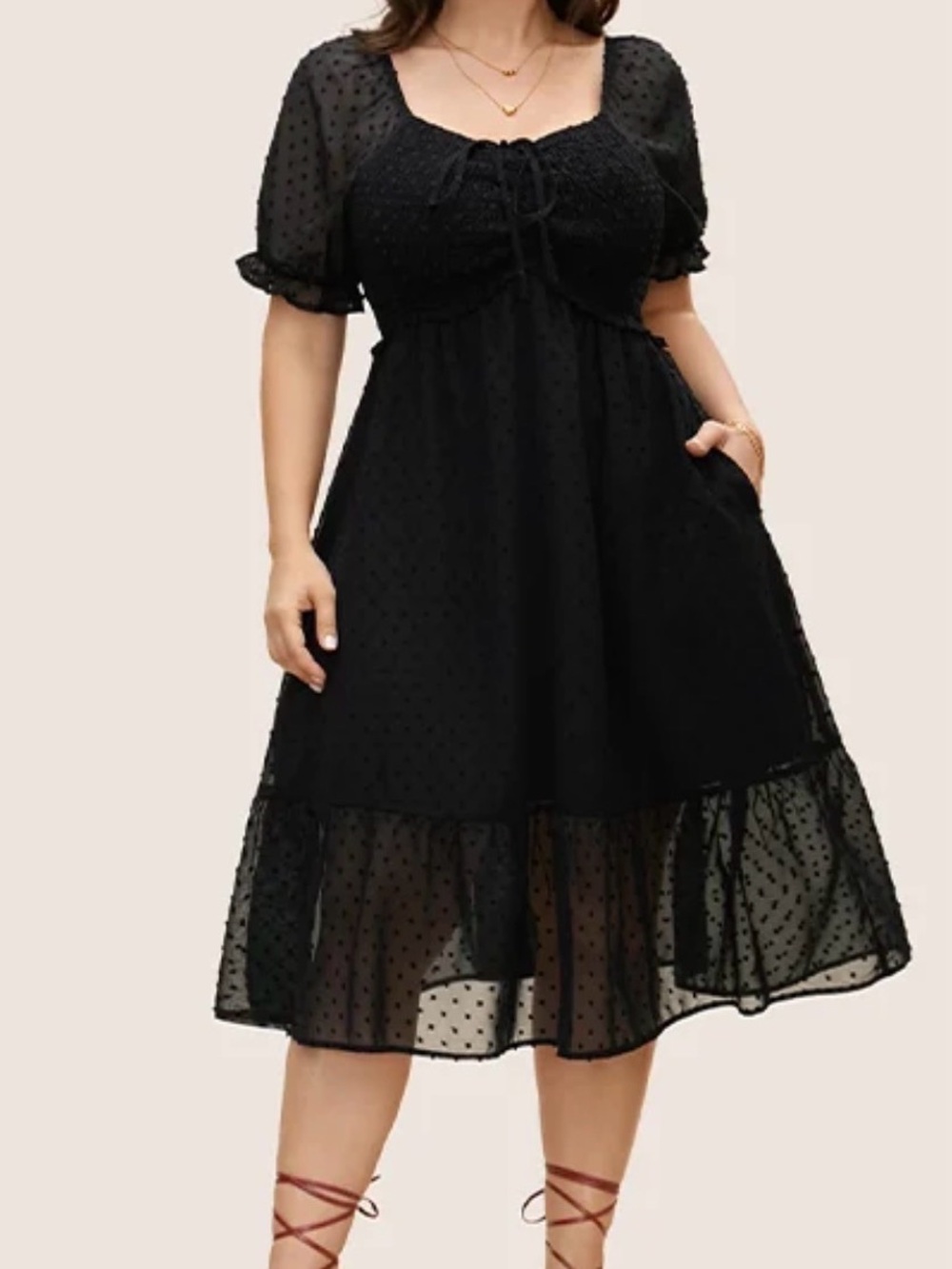 BloomChic Black Swiss Dot Midi Dress with Puff Sleeves